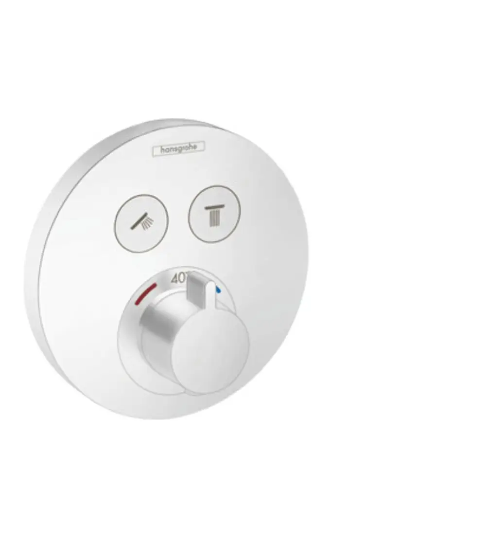 Weißes Unterputz-Thermostat mit Drehknopf von Hansgrohe. Enthält Symbole für Dusche und Wasserhahnauslauf. Temperaturanzeige bis 40 Grad sichtbar.